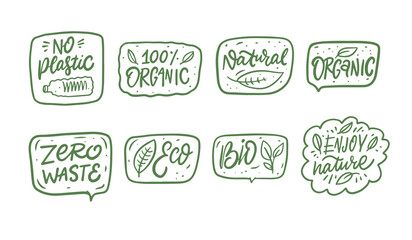 Eco food and organic eat lettering phrases set. Hand drawn green color text.