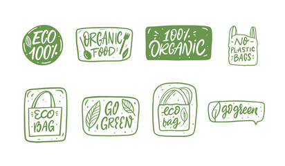 Organic food green color lettering phrases set collection. Hand drawn doodle sticker. - obrazy, fototapety, plakaty