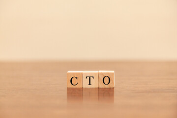 CTOの文字。最高技術責任者。Chief Technology Officer。3つの木製ブロックに書かれている。黒い文字。木製テーブルと白い壁紙の背景。