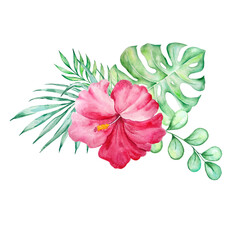 Watercolor tropical bouquet of hibiscus leaves