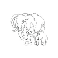 Mother and baby elephant, continuous line drawing, small tattoo, print for clothes and logo design, emblem or logo design, silhouette one single line on white background, isolated vector illustration.