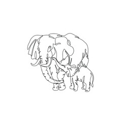 Mother and baby elephant, continuous line drawing, small tattoo, print for clothes and logo design, emblem or logo design, silhouette one single line on white background, isolated vector illustration.