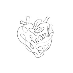 Heart inscription continuous line drawing, tattoo, print for clothes and logo design, one single line on a white background, isolated vector illustration. Hand lettering on Valentine's Day.