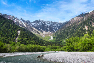 青い空に白い雲、さわやかな6月の風に吹かれて、新緑の美しい若葉を眺めながら憧れの上高地を散策
