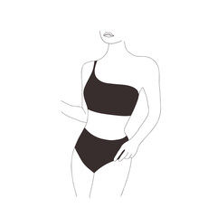 Linear female figure. Elegant faceless lady in black bikini. Graceful woman silhouette. Minimalistic hand drawn vector illustration. Trendy logo for boutique, shop, beauty salon.