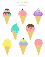 Set of Ice cream sticker sheet. Bullet journal stickers, planner, scrapbook stickers and Ice cream stickers design.