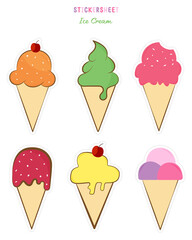 Set of Ice cream sticker sheet. Bullet journal stickers, planner, scrapbook stickers and Ice cream stickers design.