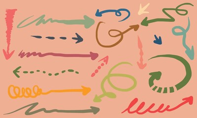 Various Doodle Arrows colorful with direction pointers Shapes and Objects. hand drawn vector illustration