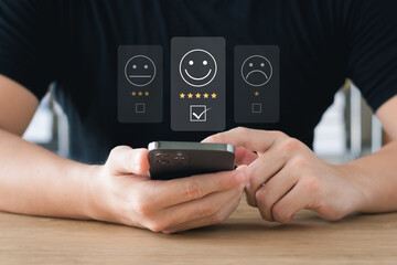 User give rating to service experience on online application, Customer review satisfaction feedback survey concept, Customer can evaluate quality of service leading to reputation ranking of business.