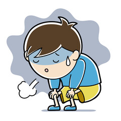 It is an illustration of a boy who is tired from heat stroke.