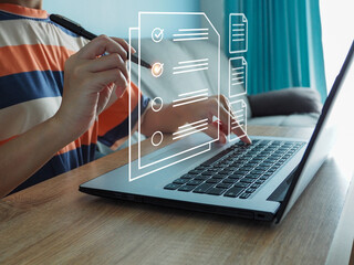 Concept of doing online quiz or questionnaire questionnaire icon on digital window, work scoring,...