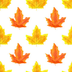 Naklejka na ściany i meble Seamless pattern with orange and yellow maple leaves on a white background. Autumn ornament painted in watercolor.