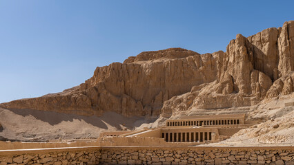 The ancient funerary temple of the queen-Pharaoh Hatshepsut is carved into the rock. Colonnades,...