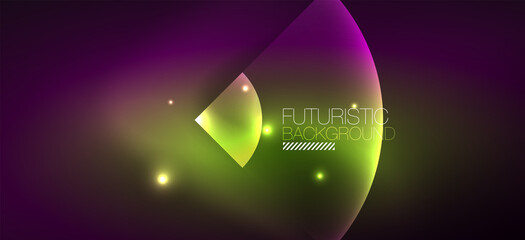 Shiny neon geometric abstract background. Glowing lights on round shapes, triangles and circles. Wallpaper for concept of AI technology, blockchain, communication, 5G, science, business