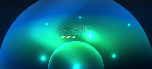 Abstract background with neon glowing light effects. Round shapes, triangles and circles. Wallpaper for concept of AI technology, blockchain, communication, 5G, science, business and technology