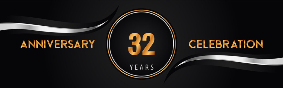 32th golden and silver anniversary logo vector. Premium design for marriage, greetings card, graduation, birthday party, ceremony. 32 years anniversary celebration background.
