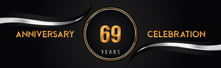 69th golden and silver anniversary logo vector. Premium design for marriage, greetings card, graduation, birthday party, ceremony. 69 years anniversary celebration background.
