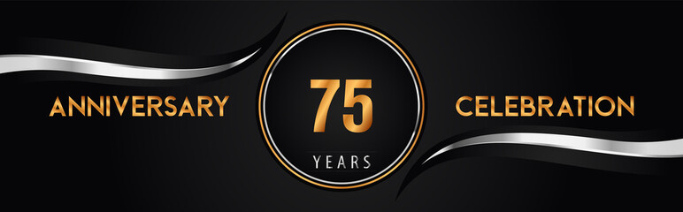 75th golden and silver anniversary logo vector. Premium design for marriage, greetings card, graduation, birthday party, ceremony. 75 years anniversary celebration background.