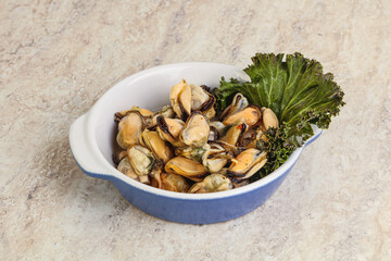 Tasty marinated mussels in the bowl