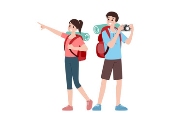 Group of young tourist characters. Traveling tourists with travel backpack going on vacation trip after covid-19 virus was diminish. Vacation people isolated vector. Summer character, woman and man.