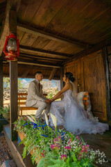 Groom and bride in their weeding day on the forest in the countryside
