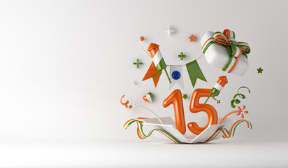 Happy Independence Day of India or republic day decoration background with 15 number balloon gift box confetti, copy space text, 3D rendering illustration.