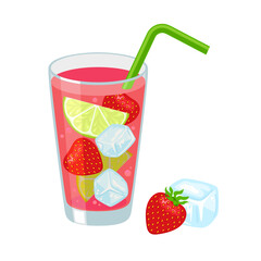 Strawberry rum punch in a glass with pieces of lime and tube for drinking. Alcoholic cocktail. Refreshing summer drink. Vector icon for menu isolated on white background.