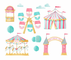 Amusement park set. Carousel with horses, ferris wheel, circus tent, ticket booth. Cute cartoon style. White background. Stock illustration.