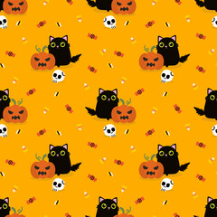 Cute Black Cat and Halloween Pumpkin Seamless Pattern