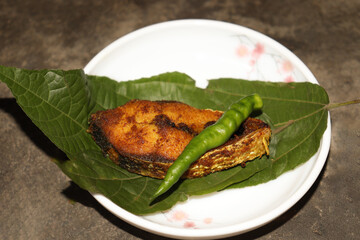 fried Hilsa fish on kitchen