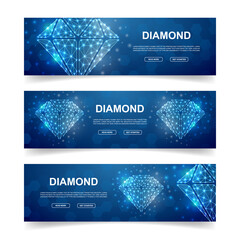 Set of three Diamond horizontal banners. Horizontal illustration for homepage design, promo banner. Jewelry low poly symbols with connected dots