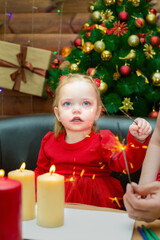 A little girl with her mother lights sparklers in anticipation of the new year on the background of a green Christmas tree.