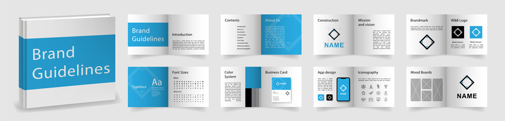Brand Guidelines template. Light Blue Logo Guideline template. Multi-purpose Brand Manual presentation mockup. Logo Guide Book layout