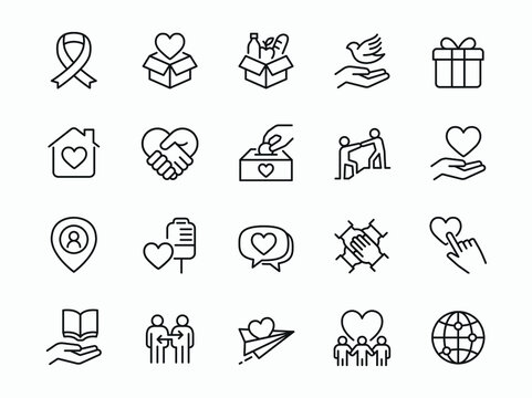 Charity, Kindness, Donation and Raise Money related icon set - Editable stroke, Pixel perfect at 64x64