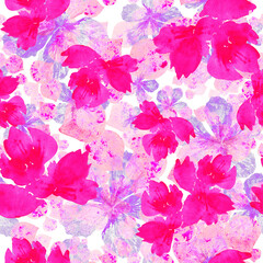 Pink watercolor petals and flowers seamless floral pattern