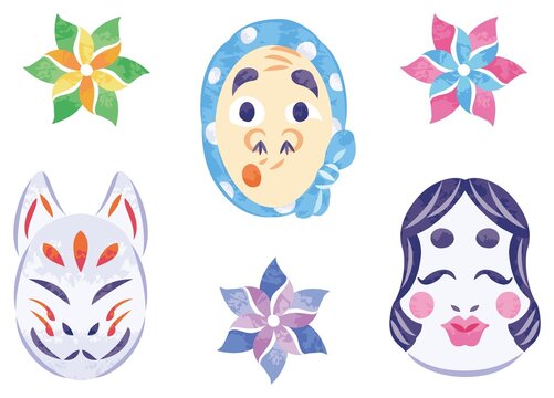 縁日のお面　ひょっとこ　狐面　お多福