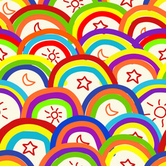 summer whimsical rainbow seamless pattern.Modern groovy hippie abstract arch background. Childish Scandinavian colourful decorative print design.Doodle art. Vector flat graphic hand drawn illustration