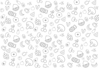 stylish pattern of fruits and vegetables in contour style on a white background