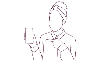 young woman with turban pointing at smartphone. hand drawn style vector illustration