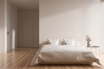 Light bedroom interior with bed and nightstand. Mockup