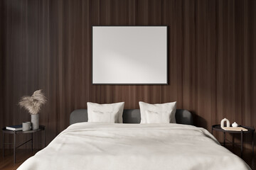 Wooden bedroom interior with bed and nightstand with decoration. Mockup frame