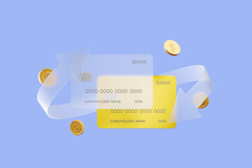 Credit card with coins floating on light blue background