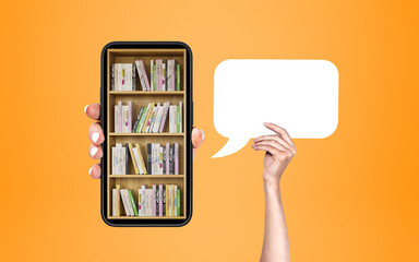 Woman hand show phone with digital library, mockup blank speech bubble