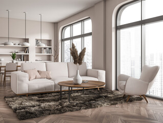Chill interior with couch and armchair, shelf with decoration and panoramic window