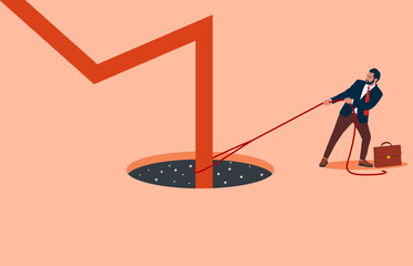 Businessman helping arrow chart falling into a black hole as the stock market is turning down. The stock market crashed during a crisis or the bubble burst. Investment risk or economic recession. 
