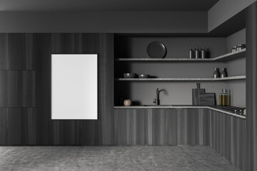 Front view on dark kitchen interior with white empty poster