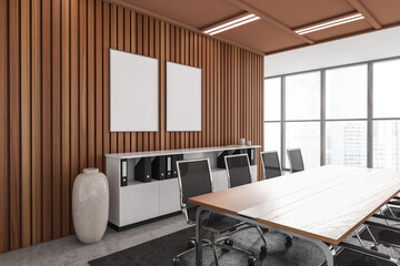 Light meeting room interior with chairs and drawer, panoramic window. Mockup frames