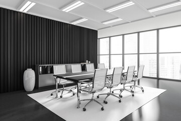 Grey meeting room interior with chairs and table, panoramic window. Empty wall