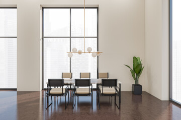 Light meeting interior with table and seats, panoramic window