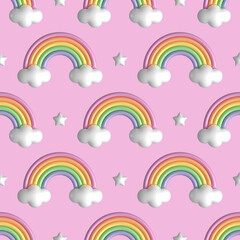 Cute cartoon style 3D rendering seamless pattern background with rainbows, clouds and stars for kids, children party design. 
